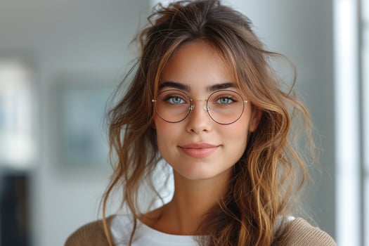 A young Caucasian woman with long, wavy hair and glasses smiling warmly in a bright, modern setting. photo