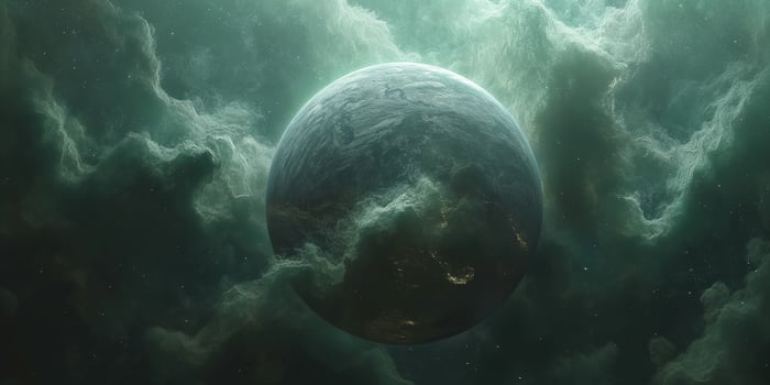 A stunning celestial view of a planet surrounded by ethereal green clouds, evoking a sense of mystery and wonder. photo