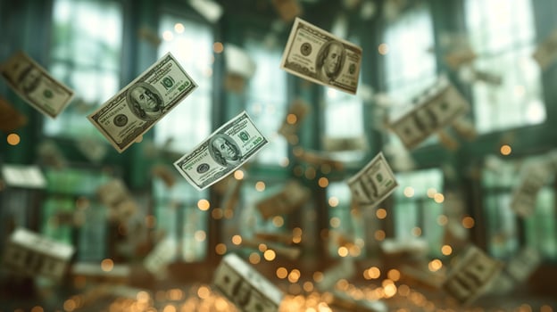 A dramatic display of flying dollar bills creates a sense of wealth and abundance in a vibrant setting. photo