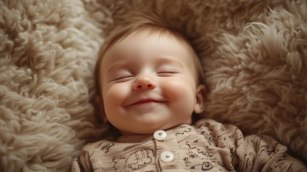 small child baby lying on a beige sheepskin blanket happy photo
