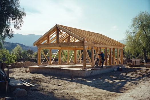 Timber frame structure on a construction site in the mountains against a cloudy sky. New home on an empty lot. The frame is ready for the installation of walls and roof. Real estate. photo