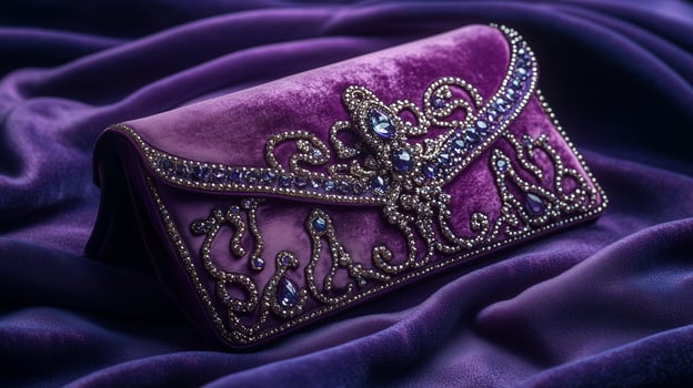 A purple velvet purse with a blue and purple design photo