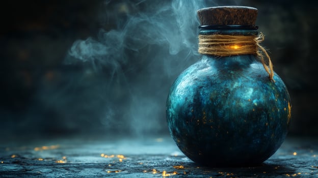 A bottle with a rope tied to it and smoke coming out of it photo