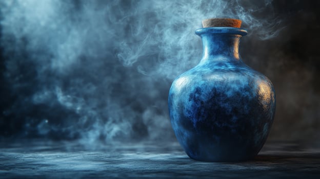 A blue bottle with smoke coming out of it photo