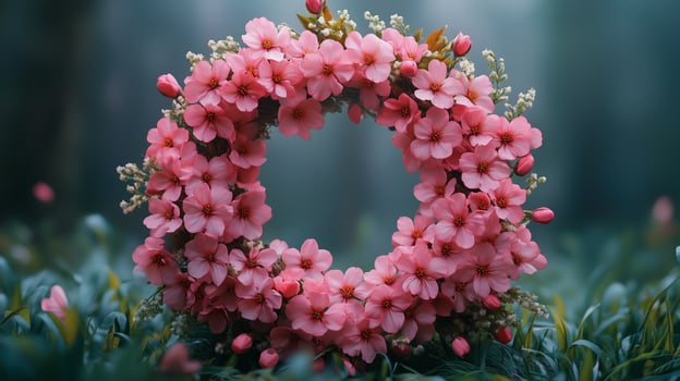 Pink flowers are arranged in a circle on a green field photo