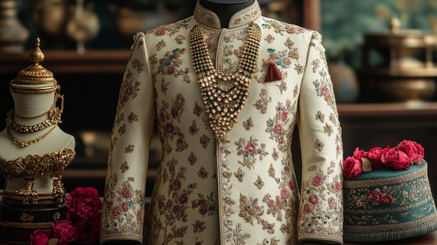 A luxurious wedding suit in cream, detailed with gold embroidery photo