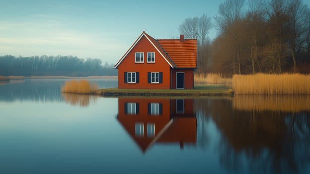 A small red house sits on the edge of a lake photo