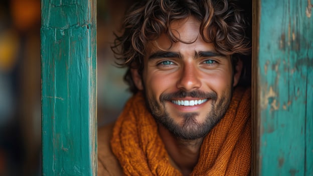 A man with curly hair and a scarf is smiling photo