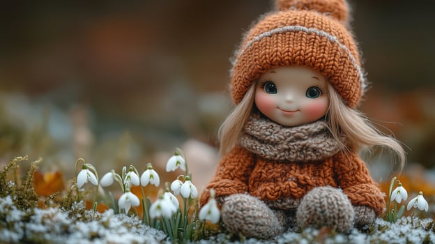 A doll wearing a knitted hat and sweater sits in the snow photo