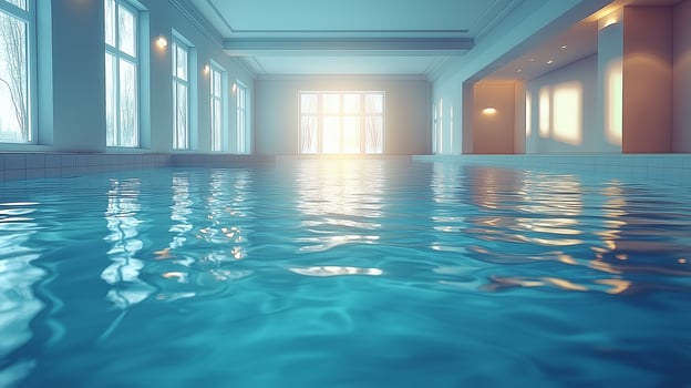 An indoor swimming pool with sunlight coming through the windows photo