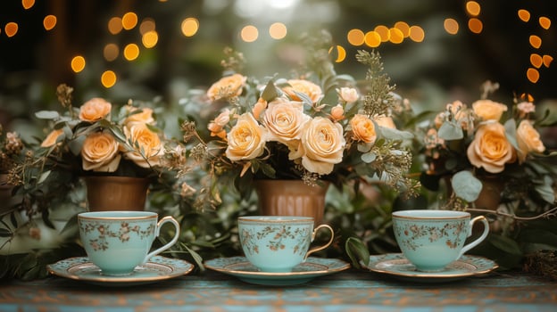 Tea cups and flowers on a table with lights photo