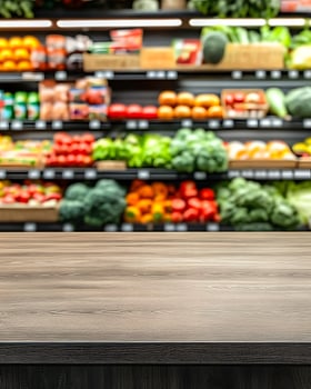 Light Brown Wooden Surface with Blurred Produce Display photo
