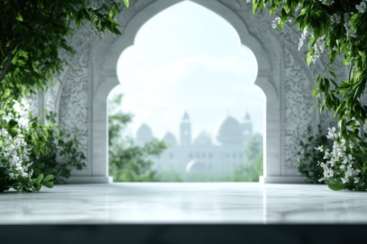 Arched doorway with white marble and foliage framing a distant view of mosque domes photo