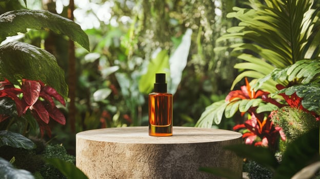 A bottle of perfume sits on a wooden stump surrounded by plants photo