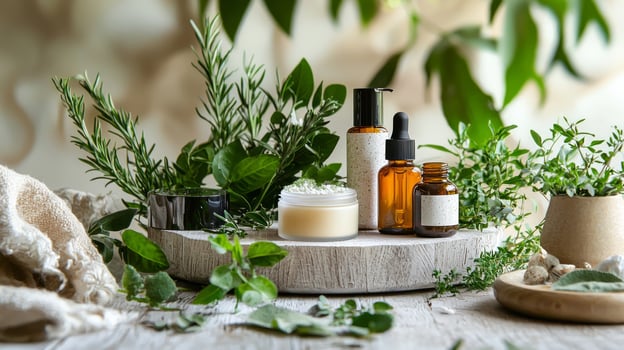 Herbal products on a wooden table with leaves photo