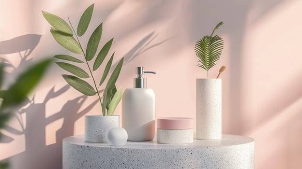 A white pedestal with a plant and soap dispenser photo