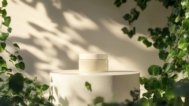 A jar of cream sitting on a pedestal surrounded by plants photo