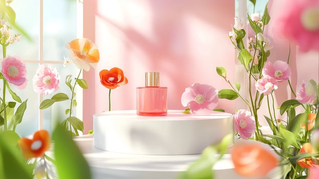 A perfume bottle sits on a table surrounded by flowers photo