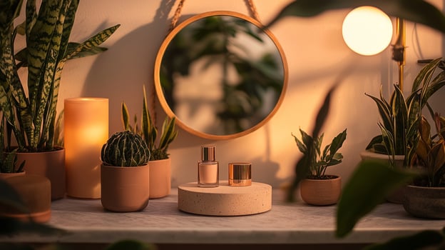 A mirror, plants and a potted plant on a shelf photo