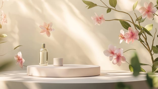 A white table with a bottle of perfume and flowers photo