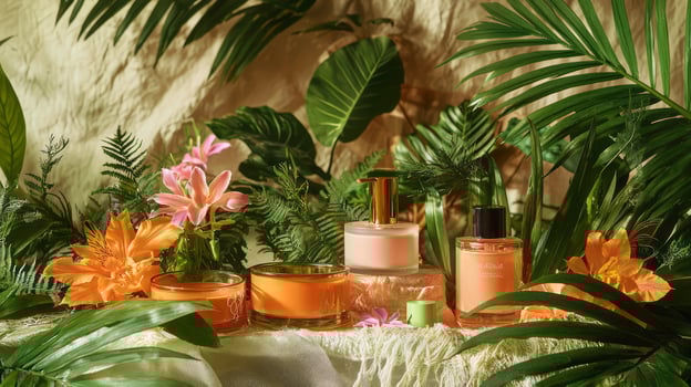 A table with various perfume bottles and flowers photo