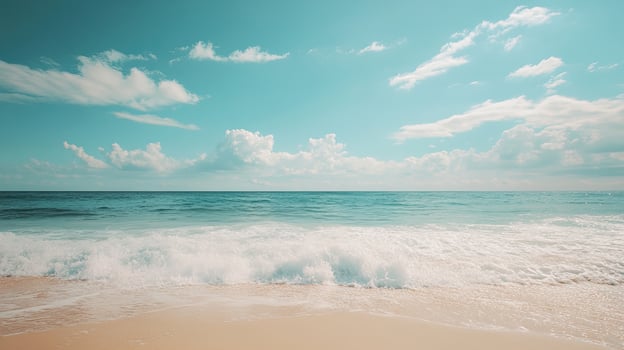 Azure Ocean Waves on Golden Sandy Beach Under a Bright Blue Sky with White Clouds photo