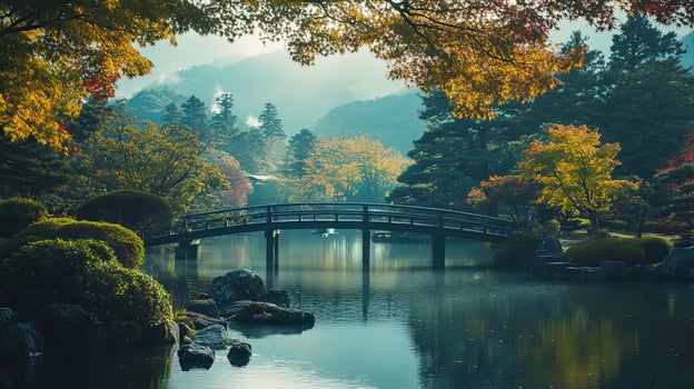 Japanese Garden with Wooden Bridge over Pond with Tranquil Water and Lush Fall Foliage photo
