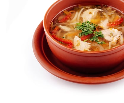 Steaming chicken noodle soup with vegetables in brown bowl close up photo