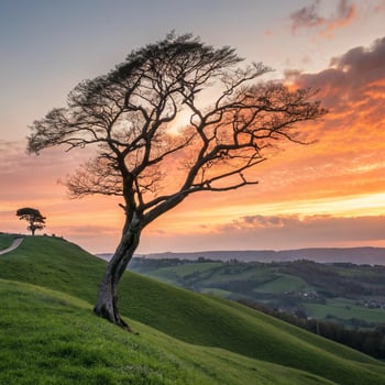 Stunning sunset landscape with a majestic tree on a rolling green hill photo