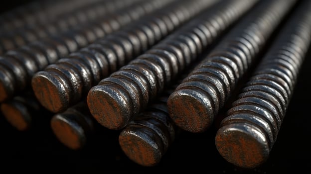 Close-up of sturdy steel reinforcement bars aligned in parallel, highlighting texture and industrial strength, suitable for construction needs. photo