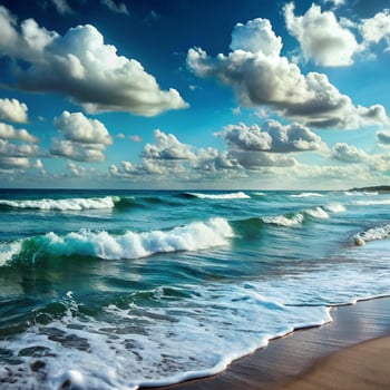 Stunning ocean waves crashing on a sandy beach under a vibrant blue sky filled with fluffy white clouds photo