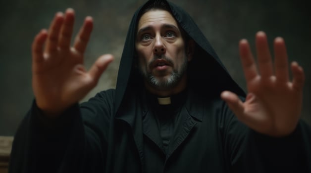 Dramatic Catholic Priest in Dark Hooded Robe Raises Hands in Spiritual Prayer photo