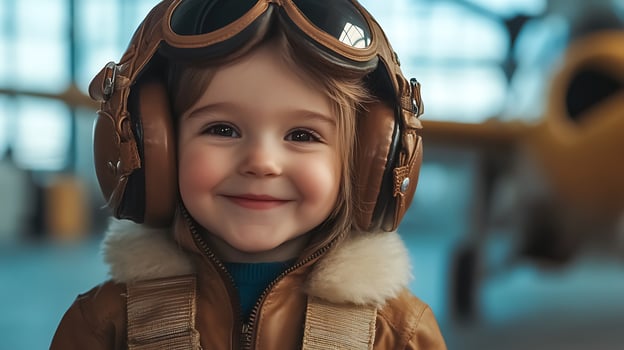 Young adventurer in vintage pilot gear with aviator goggles radiating joy and imagination plane in background perfect for children's literature photo