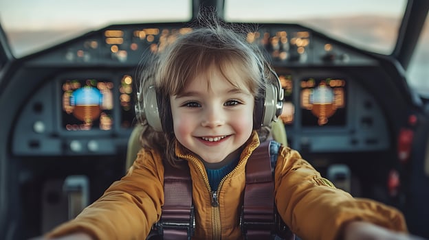 A young child smiles from the cockpit of an airplane wearing headphones harness and pilot's uniform embodying the dream of flying high photo