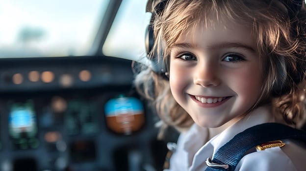 A child smiles wearing a pilot uniform inside an airplane cockpit A bright future for aviation photo