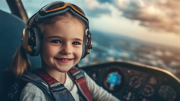 Young girl smiles in a cockpit wearing pilot gear Adventure awaits as she explores the skies with excitement and a joyful spirit photo