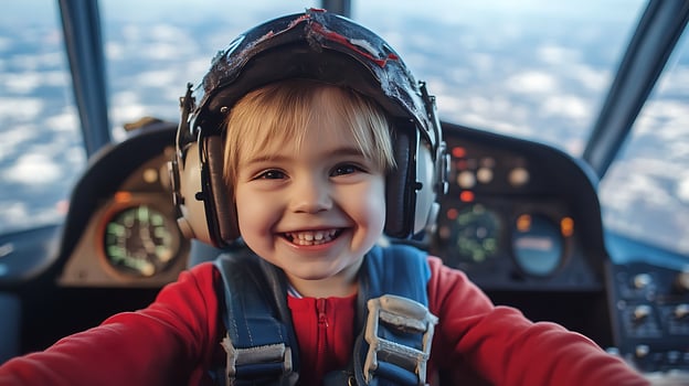 A young cheerful boy is dressed up as a pilot smiling and enjoying the view from inside an aircraft cockpit during a flight photo