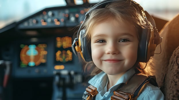 A young girl in a cockpit wearing a headset and a flight suit smiles at the camera with the control panel in the background photo