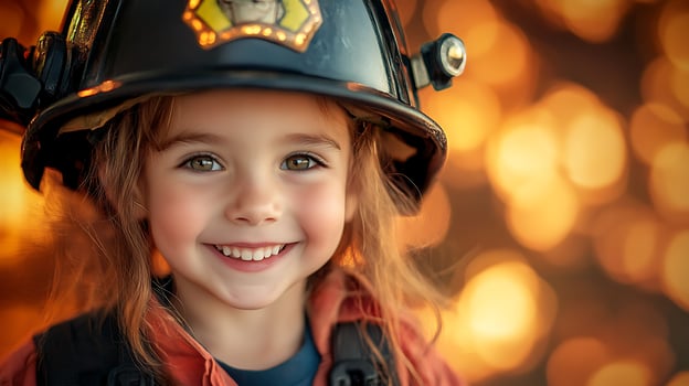 A heartwarming portrait of a smiling child wearing a firefighter helmet radiating joy and innocence against a blurred background photo