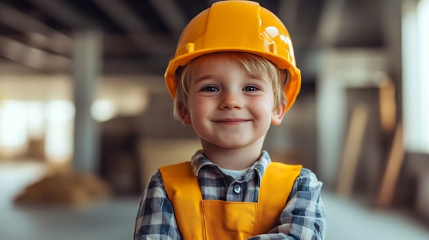 Young child dressed as construction worker with yellow safety gear smiling ready to get to work Youth career aspirations photo
