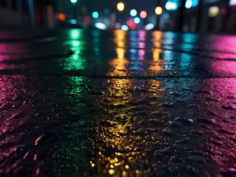 A close-up view of vibrant neon reflections on a rain-drenched surface. photo