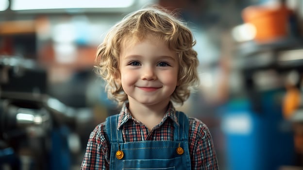Young boy with curly hair and overalls smiling looks happy Background is blurry can be used for articles about kids and clothing photo