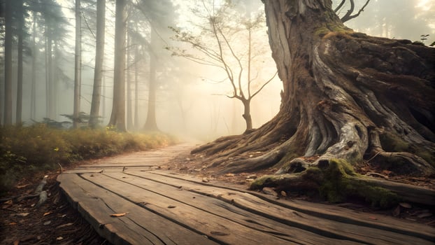A path through a forest with a tree trunk photo