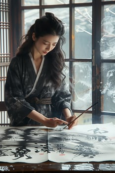 A woman is writing on a piece of paper photo