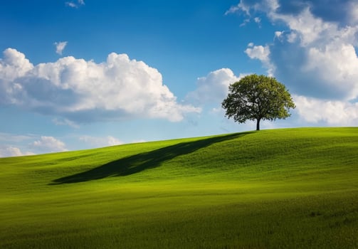 Rolling green hills of central Italy embrace a solitary tree under soft, fluffy clouds and a radiant blue sky photo