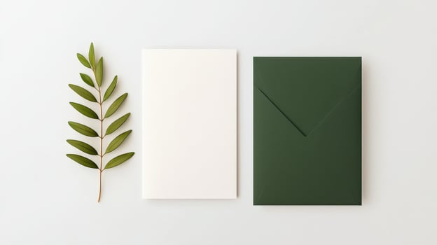 A green envelope sits on a white background with a leaf next to it photo
