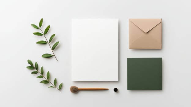 A white envelope sits on a table next to a green envelope and a pen photo