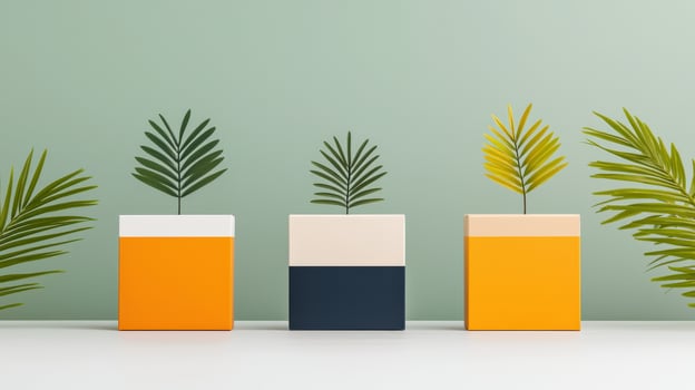 Three small boxes with a plant in each one photo