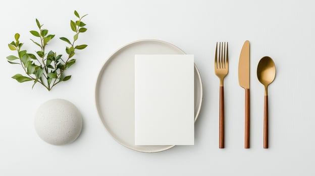 A minimal white plate with a fork, knife, and spoon on it photo