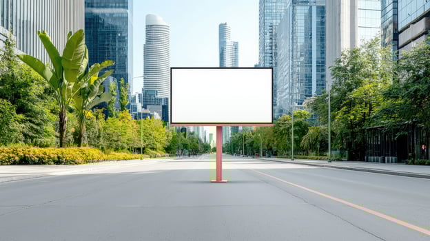 A large white billboard is standing in the middle of a city street photo